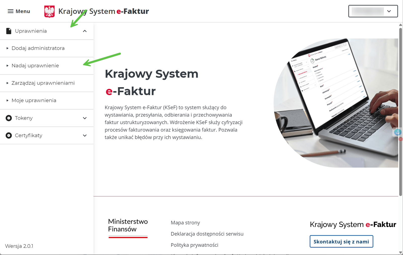 Aplikacja Podatnika KSeF: menu „Uprawnienia” z pozycjami „Dodaj administratora”, „Nadaj uprawnienie”, „Zarządzaj uprawnieniami” i „Moje uprawnienia”