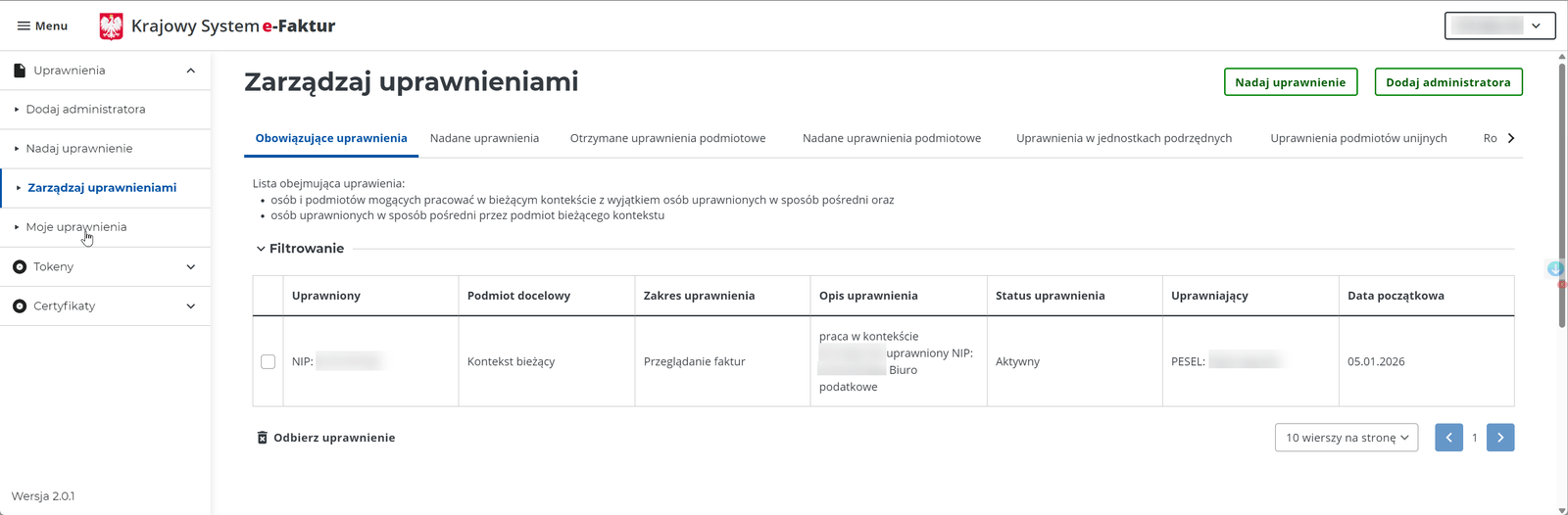 Lista „Zarządzaj uprawnieniami”: uprawniony NIP biura, zakres „Przeglądanie faktur”, status „Aktywny”