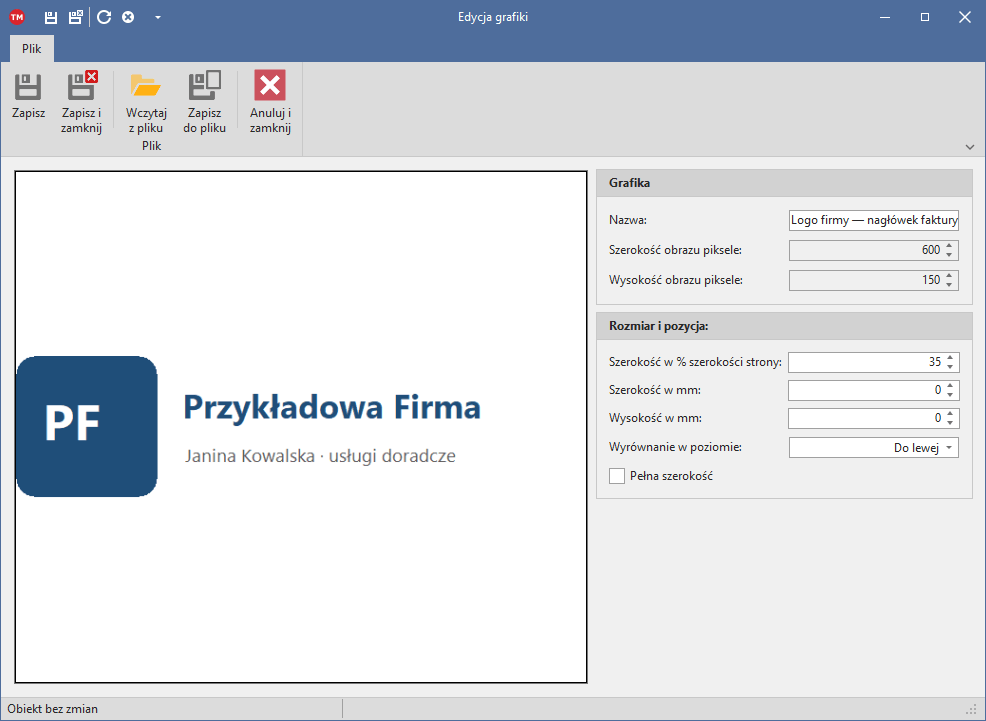 Okno „Edycja grafiki” z wczytanym logo firmy: nazwa grafiki, szerokość w procentach szerokości strony i wyrównanie