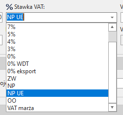 Lista „Stawka VAT” w pozycji faktury: stawki liczbowe, 0%, 0% WDT, 0% eksport, ZW, NP, NP UE, OO i VAT marża